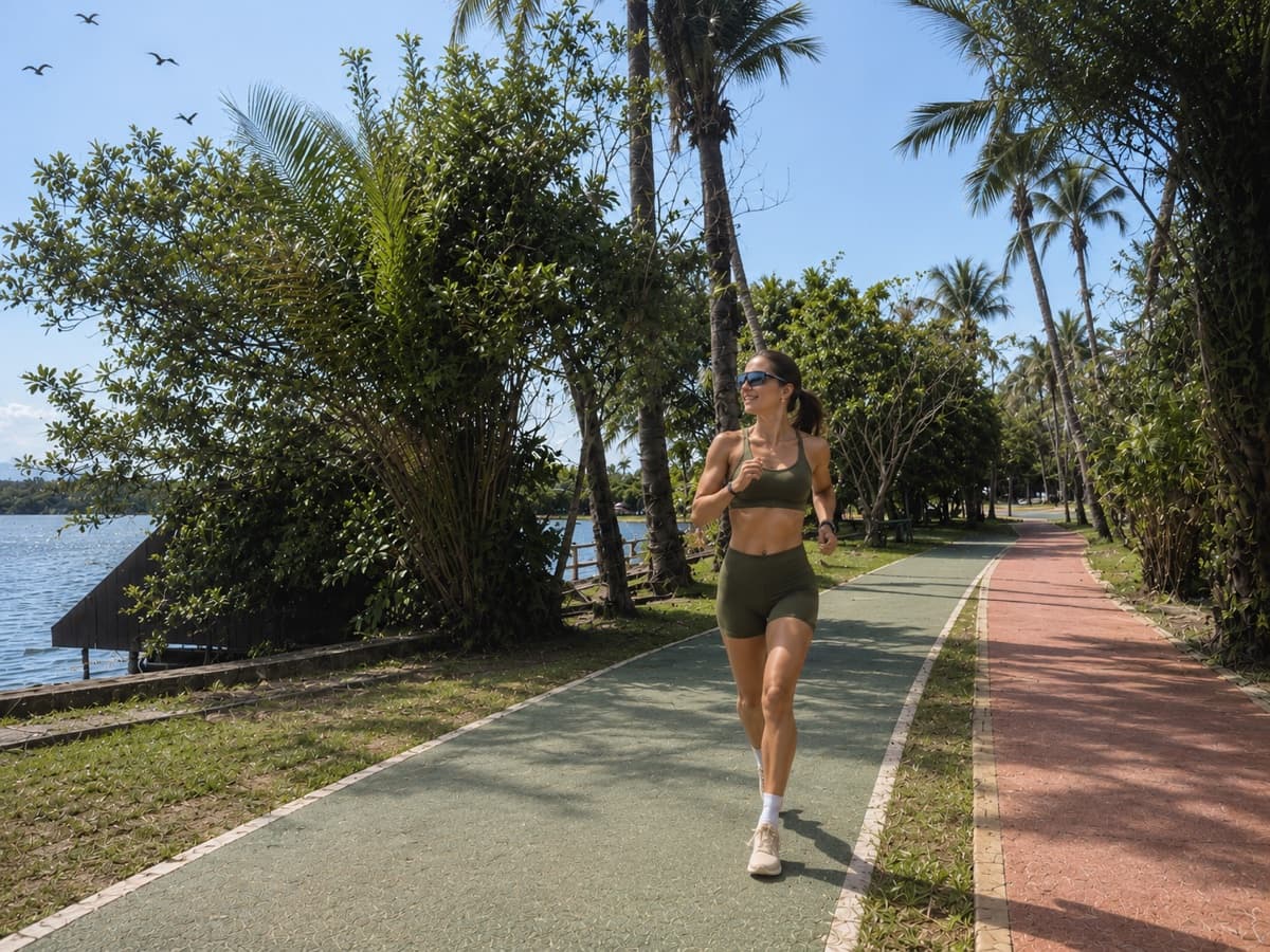 Mulher correndo na pista de caminhada à beira da lagoa, entre coqueiros e vegetação nativa, em Praia do Forte