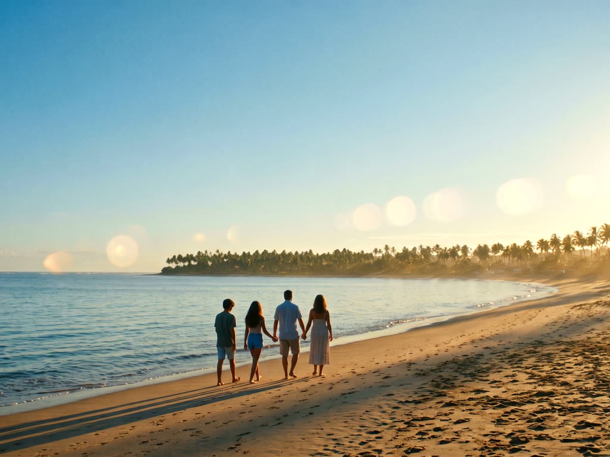 Família caminhando pela praia no fim da tarde, com o coqueiral ao fundo
